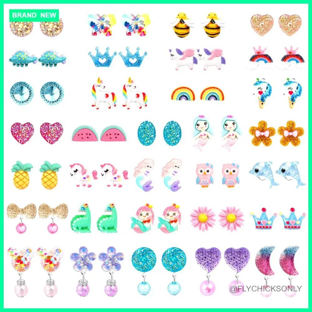 Hypoallergenic Clip-On Earrings Set for Girls Ages 4-12, 64-Piece